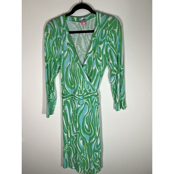 Lilly Pulitzer Dresses & Skirts - Lilly Pulitzer Maisy Finders Keepers green blue wrap dress v-neck L preppy